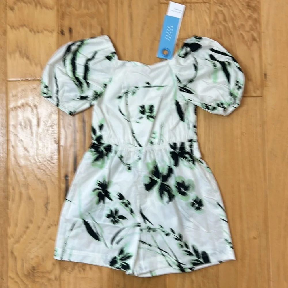 Tanya Taylor Mini Stevie Romper XS Green & Black Flowers on White Cotton Elastic